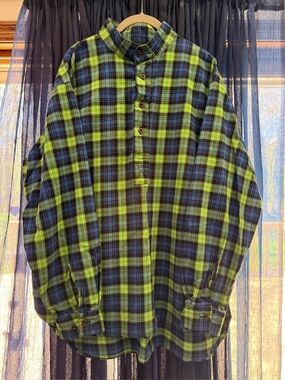 The Vermont Flannel Co. Men's Green & Blue Plaid Cotton Band-Collar Shirt, large